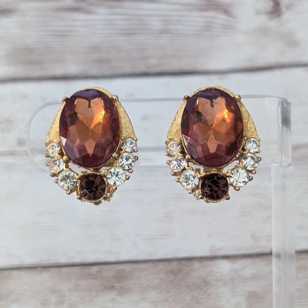 Vintage Clip On Earrings Dark Orange & Clear Gems - Statement